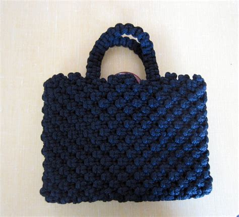 Vintage Macrame Purse Black With Wooden Clasp Handmade Etsy