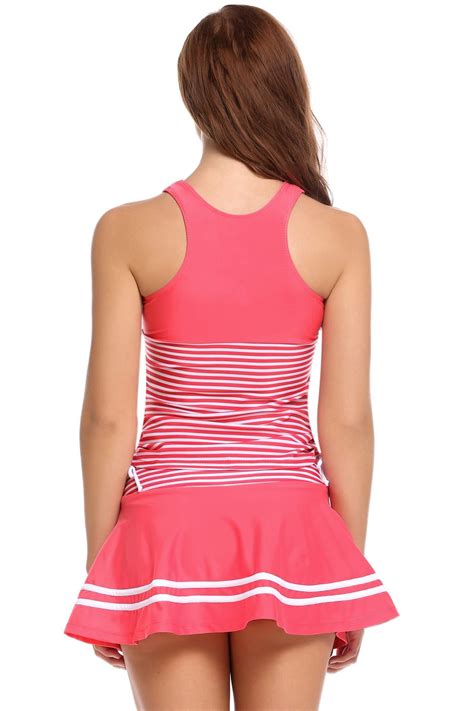 Women Padded Striped Tankini Skirted Bottom 2 Piece Swimsuit Swimwear