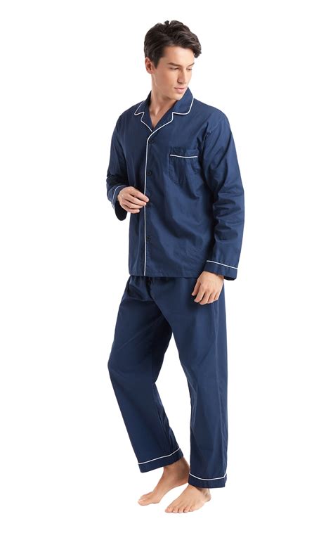 Mens Cotton Long Sleeve Woven Pajama Set Navy Blue With White Piping Tony And Candice