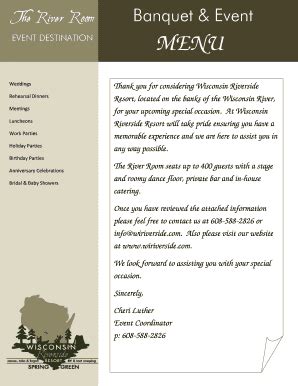 Fillable Online Banquet Event MENU Wisconsin Riverside Fax Email