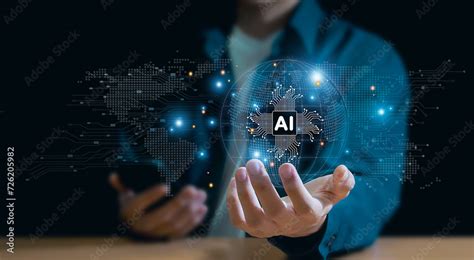 Artificial intelligence AI shaped as an electronic circuit symbol. on the hand of a businessman ...