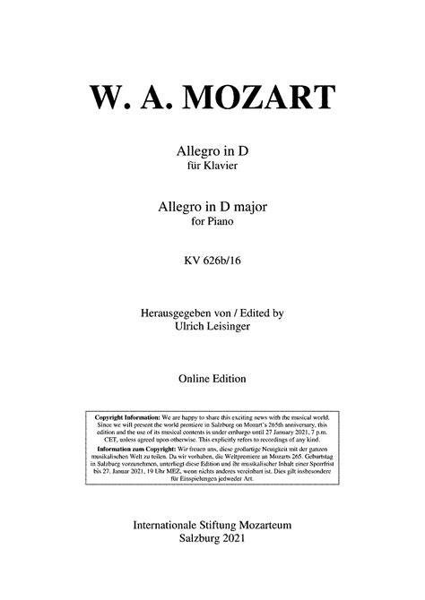 Allegro In D Major K626b∕16 Mozart Wolfgang Amadeus Imslp