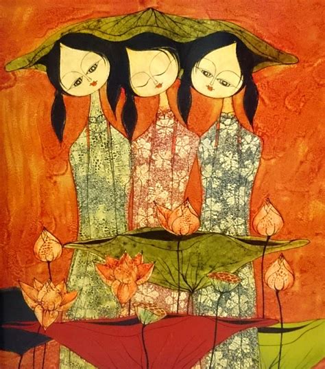 Nguyen Dang Son Three Sisters Lacquer On Wood Painting People