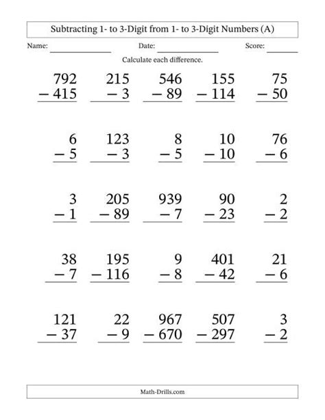 Subtracting 1 To 3 Digit From 1 To 3 Digit Numbers With Some