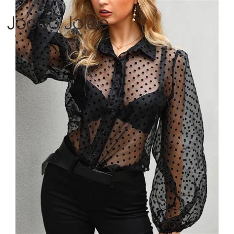 Polka Dot Sheer Lantern Blouse For Women Long Sleeve See Through Black