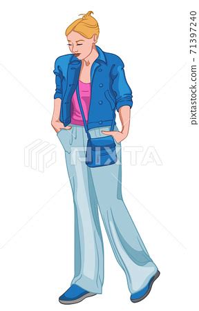 Sad Woman Dressed In Blue And Pink Clothes Stock Illustration