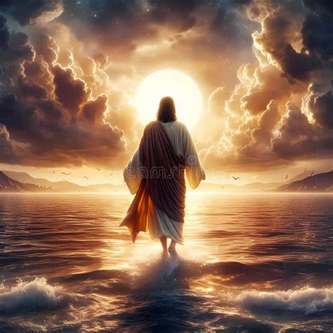 Jesus Christ Walking On Water On The Sea Of Galilee Stock Illustration