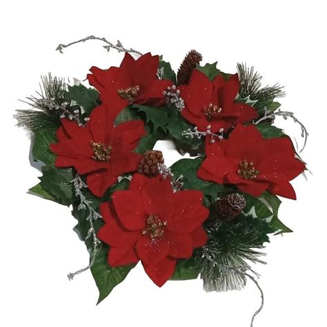 Christmas Red Poinsettia Candle Ring Wreath 12 Silk Flower