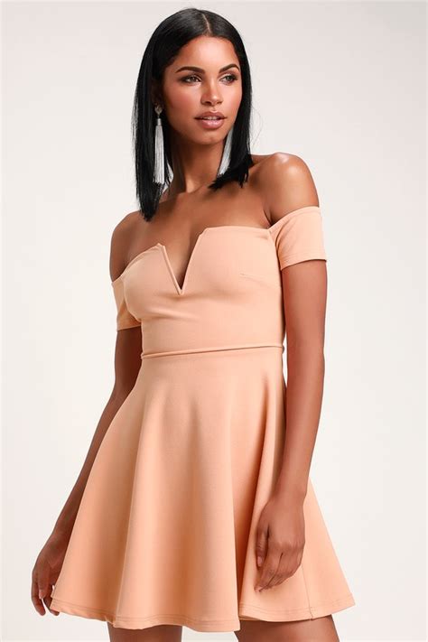 Cool Peach Dress Off The Shoulder Dress Peach Skater Dress Lulus