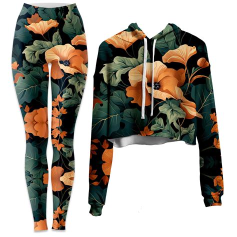 Tangerine Floral Crop Hoodie And Leggings Combo Iedm