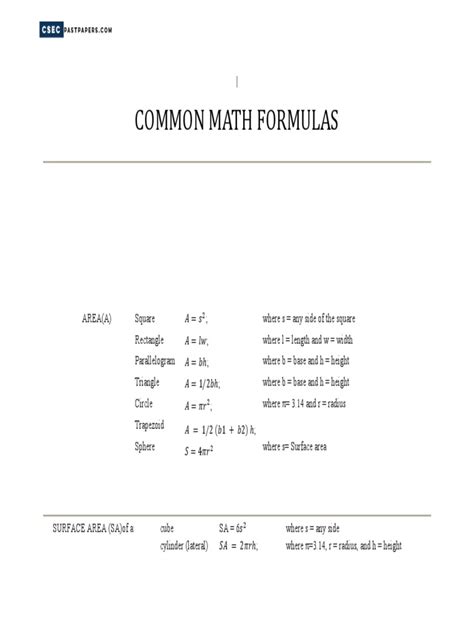 Common Formulas Csec Math Pdf