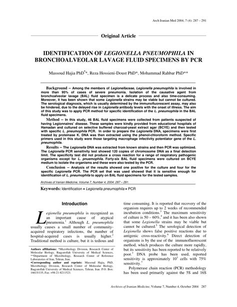 Pdf Identification Of Legionella Pneumophila In Bronchoalveolar Lavage Fluid Specimens By Pcr