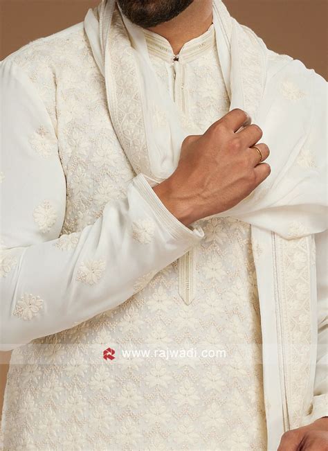 Readymade Cream Embroidered Kurta Pajama For Men