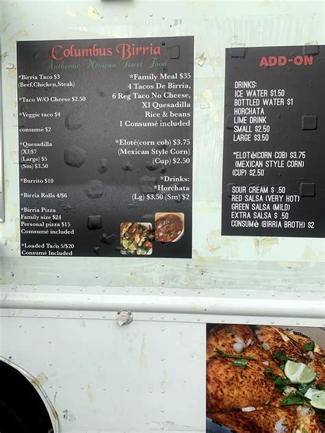 Menu at Columbus Birria restaurant, Columbus