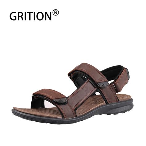 Grition Men Sandals Genuine Leather Summer Outdoor Beach Shoes Breathable Walking Open Toe