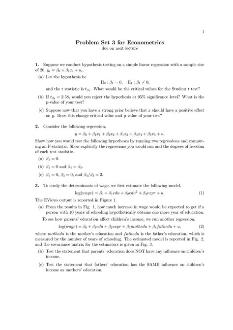 Ps3 Problem Set Practices Problem Set 3 For Econometrics Due On