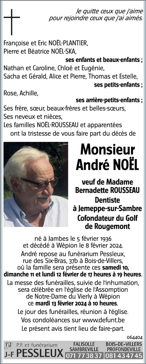 Avis de décès de André NOËL décédé le 08 02 2024 à Wépion annonce