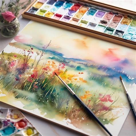 Pintura De Un Campo Con Flores Y Un Pincel Sobre Una Mesa Generativa Ai