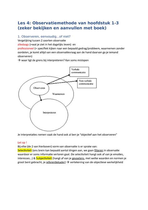 Practicum Les 4 Nota S Les 4 Observatiemethode Van Hoofdstuk 1