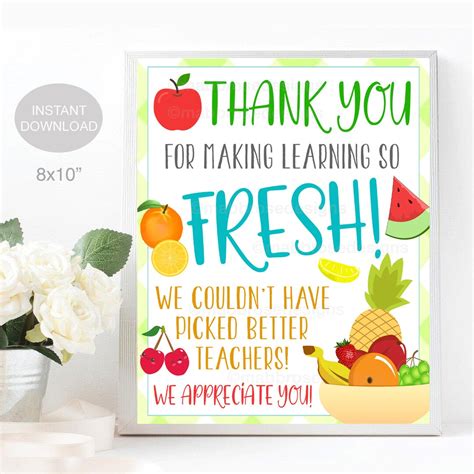 Teacher Thank You Sign, Thank You for Making Learning so Fresh, Staff ...