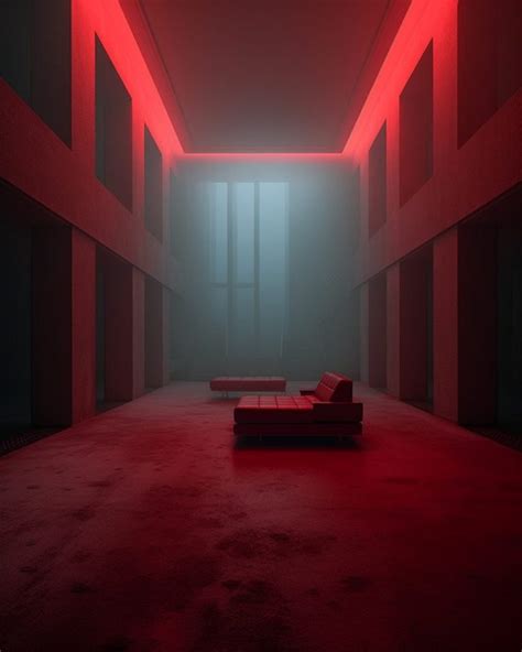 Brutalist and Minimalist Home Interior with Red Lighting