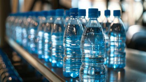 Closeup Of Plastic Water Bottles On Conveyor Belt In A Bottling Plant