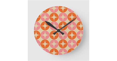 Pink And Orange Mid Century Mod Geometric Pattern Round Clock Zazzle