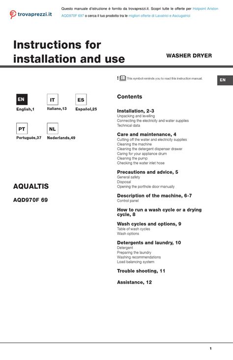 HOTPOINT ARISTON AQUALTIS AQD970F 697 INSTRUCTIONS FOR INSTALLATION AND