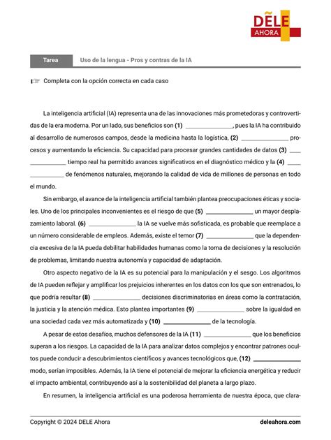 Uso de la lengua Pros y contras de la IA Comprensión de lectura