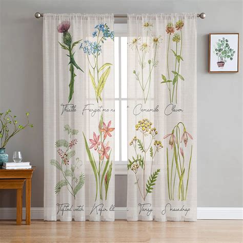 Herbal Plant Floral Texture Tulle Curtains for Living Room Sheer ...