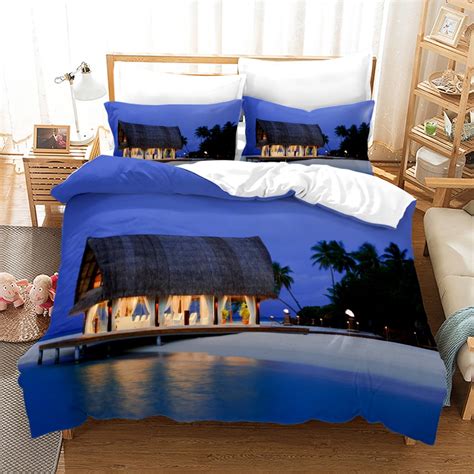 Beach Bedding Set Queen Tropical Duvet Cover Sunny Beach Palm Tree Hawaii Style Ocean Bed