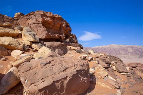 Wadi Rum Desert In Jordan Beautiful Rocky Landscape And Blue Sky Stock