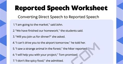 Reported Speech Exercises Reported Speech Worksheet • 7esl