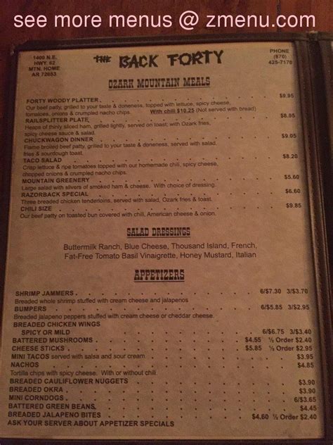 Online Menu Of Back Forty Restaurant Mountain Home Arkansas 72653