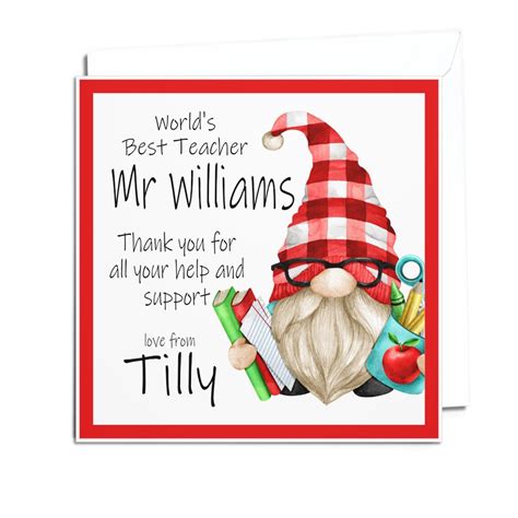 Personalised Teacher Thank You Card Thank You Card For Teacher Teacher Gnome Card For Him Men Mr