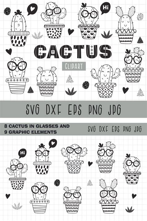 Cute cactus svg, Cactus clipart, Black and white, Kawaii