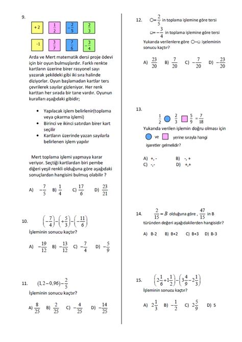 Sinif Rasyonel Sayilarla Toplama Ve Ikarma Lem Test Test Matematik