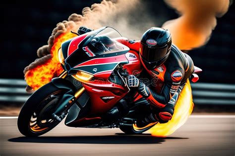 Generative AI Motorcycle Rider Driving Through Fire And Flames Stock