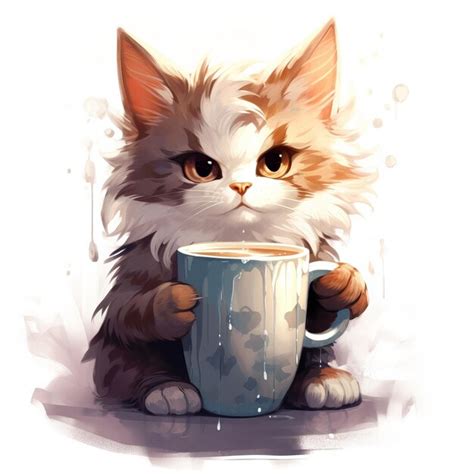 Premium AI Image | Anime drawn cat with a coffee