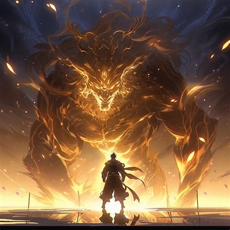 Premium Photo | Anime character standing in front of a huge fire demon ...