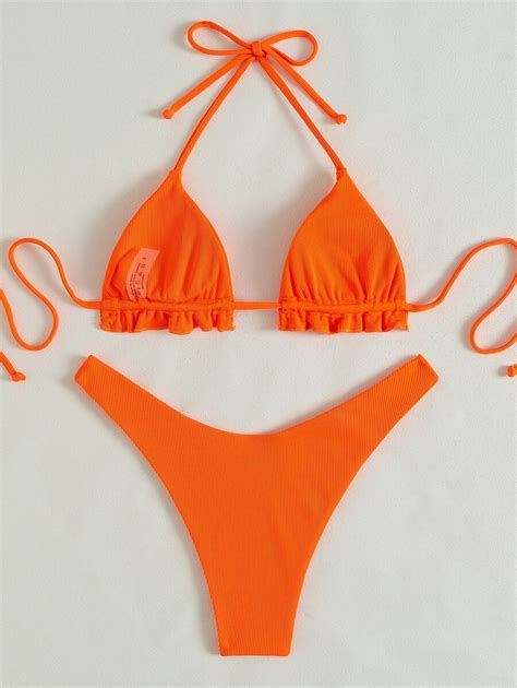 Shein Swim Neon Oranje Geribd Bikini Set Franjestrim Halternek Driehoek