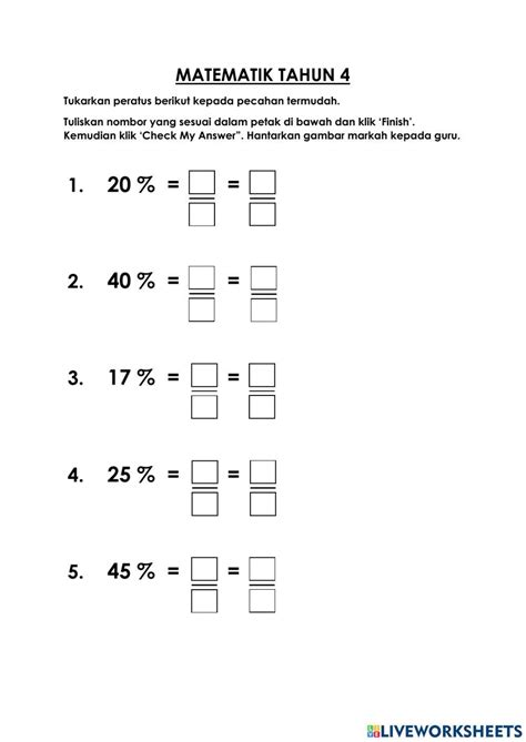 Matematik Tahun 4 Menukarkan Peratus Kepada Pecahan Termudah Worksheet Live Worksheets