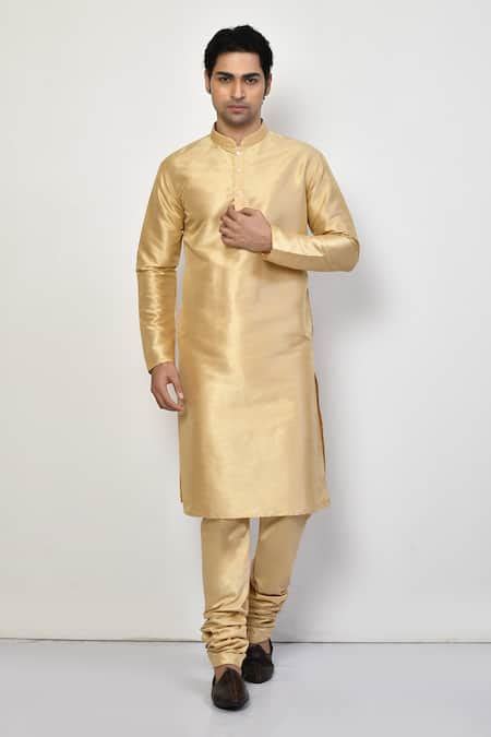 Buy Gold Kurta And Churidar Silk Plain Mandarin Collar Metallic Set For