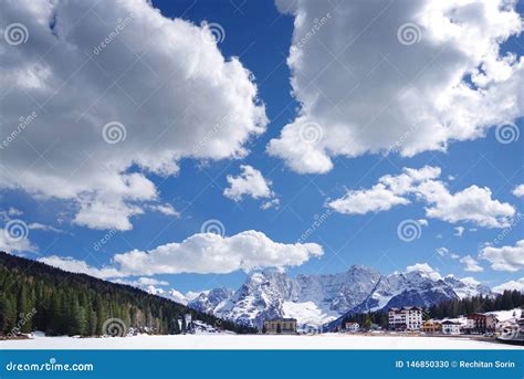 Lake Misurina in Winter. the Snow Covers the Lake`s Ice. Sorapis ...