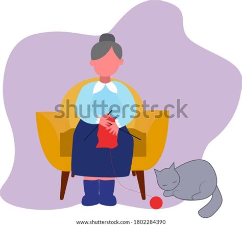 Elderly Woman Sits Chair Knits Cat Stock Vector Royalty Free