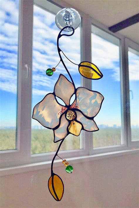 Flower Orchid Stained Glass Suncatcher Window Hangin Stained Etsy