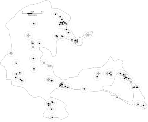 Map of Wytham woods showing the holly tree patches (stars); the grey... | Download Scientific ...