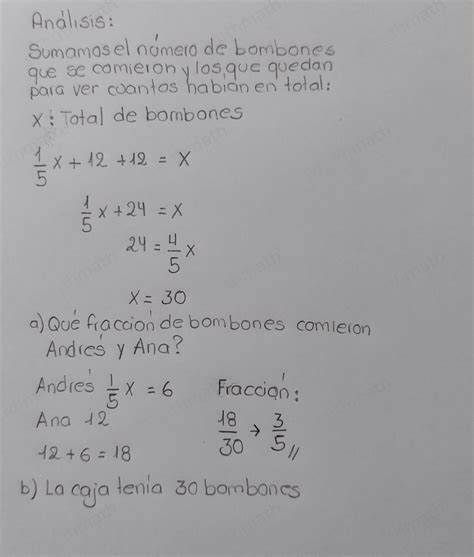 Solved Andrés se comió 1 5 de los bombones de una caja y algebra