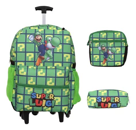 Kit Mochila Escolar De Rodinhas Super Luigi Lancheira Frete Gr Tis