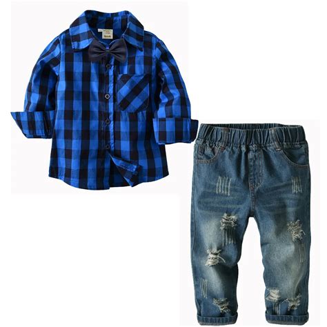 Gentleman Suit Kids Clothes Boys 2 4 6 8 Years Blue Plaid Shirt Cave ...